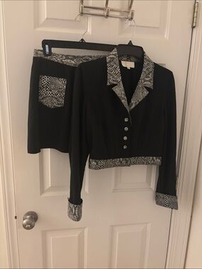 Cache Black Jacket with Black-and-White Animal Print Trim
